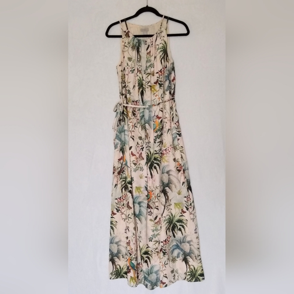 Cream Tropical Print Sleeveless Maxi Dress Sz 4 "Silky Feel"